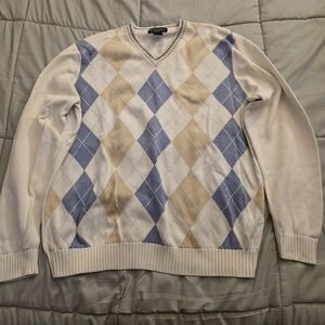 Brooks Brothers V-Neck Argyle Sweater - White, Blue and Tan